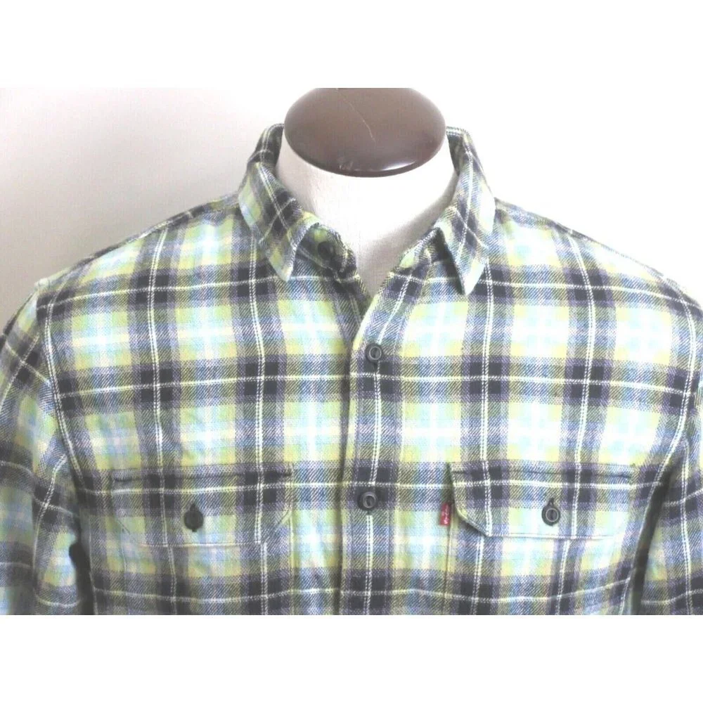 Levi's Men's The Worker Relaxed button up Plaid Shirt Green Blue Black Plaid